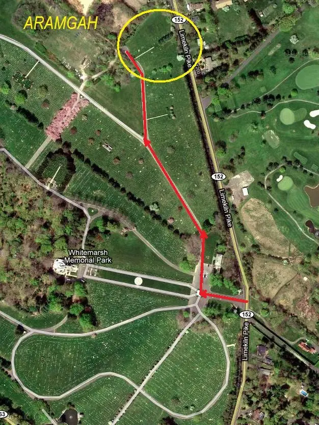 Map showing the location of the Aramgah section within Whitemarsh Memorial Park