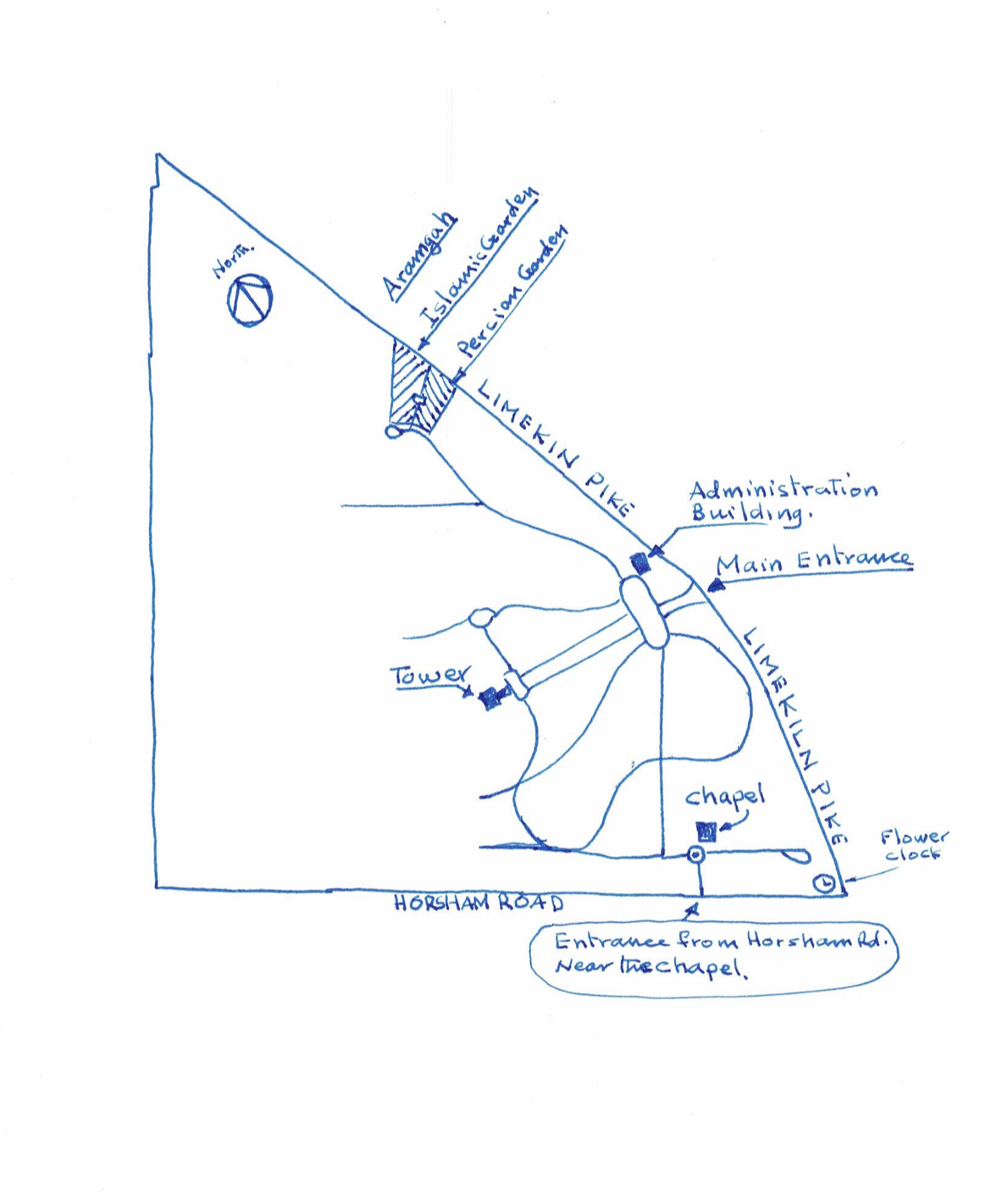Hand-drawn overview map of Whitemarsh Memorial Park showing the Aramgah gardens, main entrance, administration building, tower, chapel, and the Horsham Road entrance near the chapel